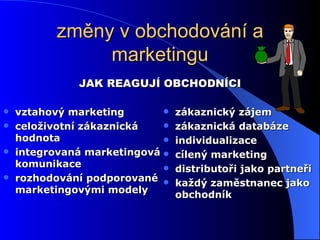 změny v obchodování a marketingu vztahový marketing celoživotní zákaznická hodnota integrovaná marketingová komunikace rozhodování podporované marketingovými modely zákaznický zájem zákaznická databáze individualizace cílený marketing distributoři jako partneři každý zaměstnanec jako obchodník JAK REAGUJÍ OBCHODNÍCI 
