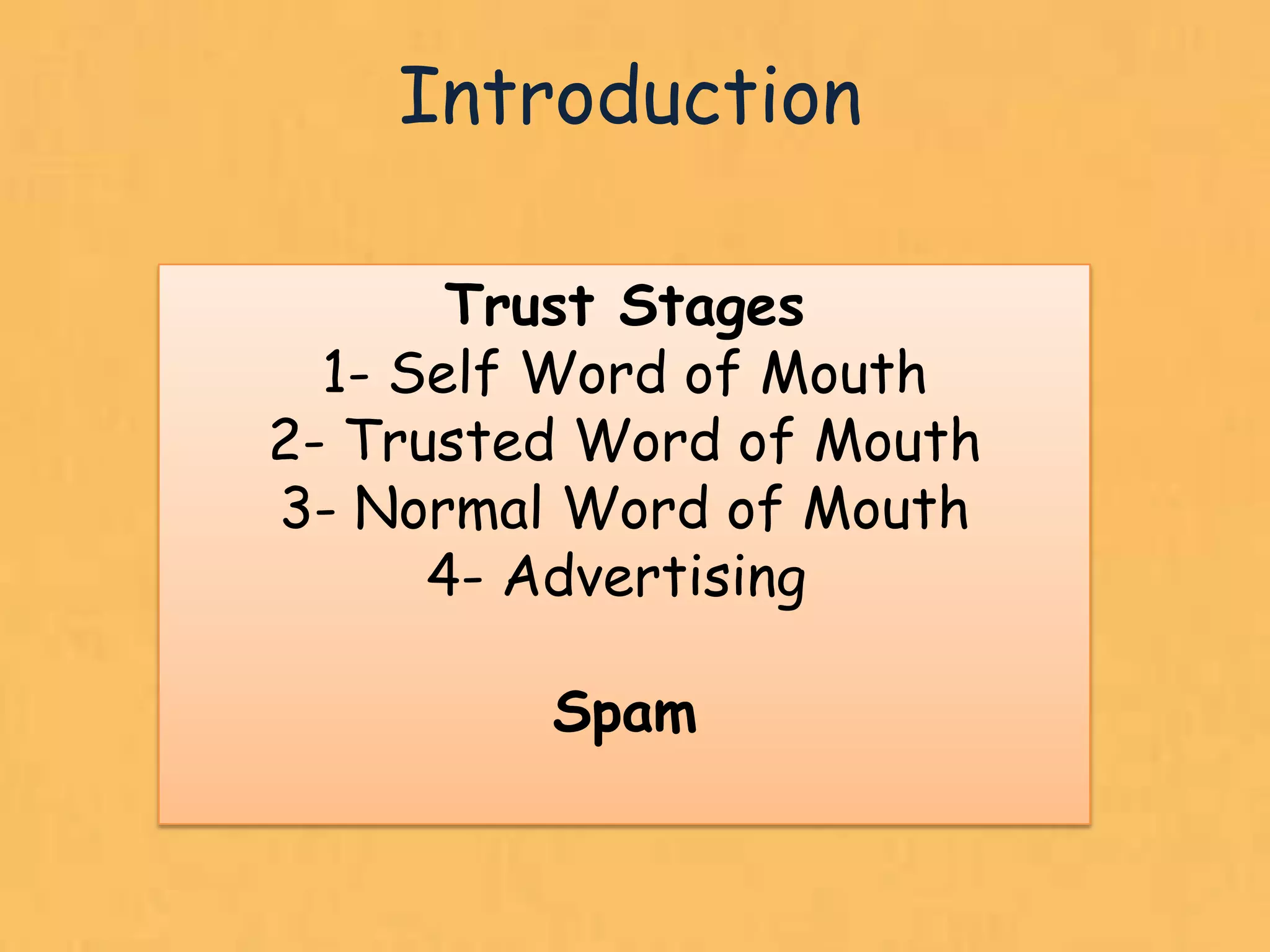 Introduction

       Trust Stages
  1- Self Word of Mouth
2- Trusted Word of Mouth
3- Normal Word of Mouth
      4- Advertising

         Spam


                           28
 