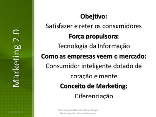 Obejtivo:
                 Satisfazer e reter os consumidores
Marketing 2.0
                          Força propulsora:
                      Tecnologia da Informação
                Como as empresas veem o mercado:
                 Consumidor inteligente dotado de
                           coração e mente
                       Conceito de Marketing:
                            Diferenciação
                     III Semana Acadêmica Unificada Fagoc
16/02/2013
                        Marketing 3.0 | Rafaela Namorato
 