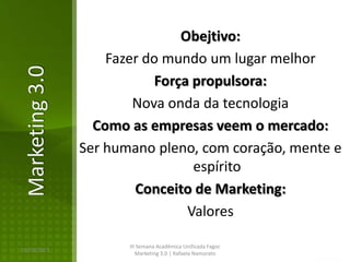 Obejtivo:
                    Fazer do mundo um lugar melhor
Marketing 3.0
                            Força propulsora:
                        Nova onda da tecnologia
                  Como as empresas veem o mercado:
                Ser humano pleno, com coração, mente e
                                  espírito
                        Conceito de Marketing:
                                 Valores

                       III Semana Acadêmica Unificada Fagoc
16/02/2013
                          Marketing 3.0 | Rafaela Namorato
 