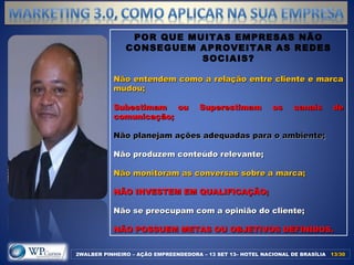 2WALBER PINHEIRO – AÇÃO EMPREENDEDORA – 13 SET 13– HOTEL NACIONAL DE BRASÍLIA 13/3013/30
POR QUE MUITAS EMPRESAS NÃO
CONSEGUEM APROVEITAR AS REDES
SOCIAIS?
Não entendem como a relação entre cliente e marcaNão entendem como a relação entre cliente e marca
mudou;mudou;
Subestimam ou Superestimam os canais deSubestimam ou Superestimam os canais de
comunicação;comunicação;
Não planejam ações adequadas para o ambiente;Não planejam ações adequadas para o ambiente;
Não produzem conteúdo relevante;Não produzem conteúdo relevante;
Não monitoram as conversas sobre a marca;Não monitoram as conversas sobre a marca;
NÃO INVESTEM EM QUALIFICAÇÃO;NÃO INVESTEM EM QUALIFICAÇÃO;
Não se preocupam com a opinião do cliente;Não se preocupam com a opinião do cliente;
NÃO POSSUEM METAS OU OBJETIVOS DEFINIDOS.NÃO POSSUEM METAS OU OBJETIVOS DEFINIDOS.
 