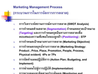 Marketing Management Process
(กระบวนการในการจัดการการตลาด)
1. การวิเคราะหสถานการณทางการตลาด (SWOT Analysis)
2. การกําหนดสวนตลาด (Segmentation) กําหนดตลาดเปาหมาย
(Targeting) และการกําหนดจุดยืนทางการตลาดเพื่อ
ตอบสนองความพึงพอใจของลูกคา (Positioning) : STP
3. การกําหนดเปาหมายทางการตลาด (Marketing Objective)
4. การกําหนดกลยุทธทางการตลาด (Marketing Strategy:
Product , Price, Place, Promotion, People, Process,
Physical evident) 4Ps or 7Ps
5. การจัดทําแผนปฏิบัติการ (Action Plan; Budgeting, and
Implement)
6. การนําแผนไปสูการปฏิบัติ (Implementation)
7. การควบคมและติดตามประเมินผล (Monitoring and
 