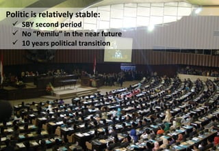 Politic is relatively stable:
 SBY second period
 No “Pemilu” in the near future
 10 years political transition
 