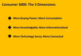 Consumer 3000: The 3 Dimensions
More Buying Power; More Consumption
More Knowledgable; More Informationalized
More Technology Savvy; More Connected
 