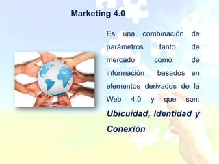 Marketing 4.0

        Es    una     combinación    de
        parámetros          tanto    de
        mercado          como        de
        información         basados en
        elementos derivados de la
        Web     4.0     y    que    son:

        Ubicuidad, Identidad y
        Conexión
 