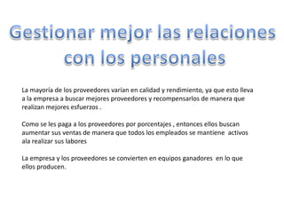 La mayoría de los proveedores varían en calidad y rendimiento, ya que esto lleva
a la empresa a buscar mejores proveedores y recompensarlos de manera que
realizan mejores esfuerzos .

Como se les paga a los proveedores por porcentajes , entonces ellos buscan
aumentar sus ventas de manera que todos los empleados se mantiene activos
ala realizar sus labores

La empresa y los proveedores se convierten en equipos ganadores en lo que
ellos producen.
 
