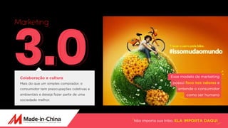 Não importa sua tribo, ELA IMPORTA DAQUI
3.0
Marketing
Colaboração e cultura
Mais do que um simples comprador, o
consumidor tem preocupações coletivas e
ambientais e deseja fazer parte de uma
sociedade melhor.
Esse modelo de marketing
possui foco nos valores e
entende o consumidor
como ser humano
 