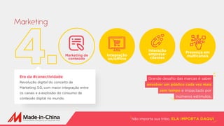 Não importa sua tribo, ELA IMPORTA DAQUI
Marketing
Grande desafio das marcas é saber
envolver um público cada vez mais
sem tempo e impactado por
inúmeros estímulos.
Era da #conectividade
Revolução digital do conceito de
Marketing 3.0, com maior integração entre
os canais e a explosão do consumo de
conteúdo digital no mundo.
Marketing de
conteúdo
Integração
on/offline
Interação
empresa-
clientes
Presença em
multicanais
 
