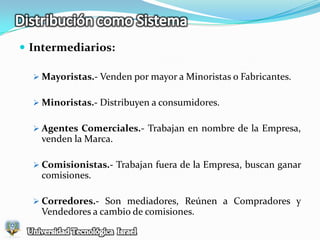 Distribución como SistemaUtilidad:Tiempo.- Pone el Producto a disposición del consumidor en el momento en el que quiere.