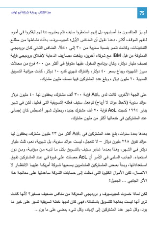 ‫57‬

‫ﻫﺬﺍ ﺍﻟﻜﺘﺎﺏ ﺑﺮﻋﺎﻳﺔ ﺷﺒﻜﺔ ﺃﺑﻮ ﻧﻮﺍﻑ‬

‫ﻝــم ﻴــر اﻝﻤﻨﺎﻓﺴــون ﻤــﺎ أﺼــﺎﺒﻬم، ﺒــل إﻨﻬــم اﺴــﺘﺤﻘروا ﺴــﺘﻴف ﻓﻠــم ﻴﻌﺘﺒــروﻩ ﻨــدا ﻝﻬــم ﻝﻴﻔﻜــروا ﻓــﻲ أﻤـ ﻩ.‬
‫ر‬
‫ْ‬
‫ﻝ ــﻨﻔﻬم اﻝﻤوﻗ ــف أﻜﺜ ــر، دﻋﻨ ــﺎ ﻨﻘ ــول أن اﻝﻤﻨ ــﺎﻓس اﻷول: ﻜﻤﺒﻴوﺴ ــﻴرف، ﺒ ــدأت ﻨﺸ ــﺎطﻬﺎ ﻤ ــن ﻤطﻠ ــﻊ‬
‫اﻝﺜﻤﺎﻨﻴﻨ ــﺎت، وﻜﺎﻨ ــت ﺘﻨﻤ ــو ﺒﻨﺴ ــﺒﺔ ﺴ ــﻨوﻴﺔ ﻤ ــن ٠٣ إﻝ ــﻰ ٠٤%. اﻝﻤﻨ ــﺎﻓس اﻝﺜ ــﺎﻨﻲ ﻜ ــﺎن ﺒرودﻴﺠ ــﻲ‬
‫اﻝﻤﻤﻠوﻜﺔ ﻤن ﻗﺒل ‪ IBM‬ﻤـﻊ ﺸـرﻜﺎء آﺨـرﻴن، وﺒﻠﻐـت ﻤﺼـﺎرﻴف اﻝدﻋﺎﻴـﺔ ﻹطـﻼق ﺒرودﻴﺠـﻲ ﻗرﺒـﺔ‬
‫ا‬
‫ﻨﺼــف ﻤﻠﻴــﺎر ﻻر، وﻜــﺎن ﺒرﻨــﺎﻤﺞ اﻝــدﺨول ﻋﻠﻴﻬــﺎ ﻤﺘــوﻓر ﻓــﻲ أﻜﺜــر ﻤــن ٠٠٥ ﻓـ ع ﻤــن ﻤﺤــﻼت‬
‫ـر‬
‫ا‬
‫دو‬
‫ﺴﻴرز اﻝﺸﻬﻴ ة، وﻴﺒﺎع ﺒﺴﻌر ٠٤ ﻻر، واﺸﺘ اك ﺸ ي ﻗـد ﻩ ٠١ ﻻر. ﻜﺎﻨـت ﻤﻴ اﻨﻴـﺔ اﻝﺘﺴـوﻴق‬
‫ز‬
‫دو‬
‫ر ـﻬر ر‬
‫دو‬
‫ر‬
‫اﻝﺴﻨوﻴﺔ ٠٢ ﻤﻠﻴون ﻻر، وﺒﻠﻎ ﻋدد اﻝﻤﺸﺘرﻜﻴن ﻓﻴﻬﺎ ﻨﺼف ﻤﻠﻴون ﻤﺸﺘرك.‬
‫دو‬
‫ى، ﻜﺎﻨت ﻝدى ‪ AoL‬ﻗرﺒـﺔ ٠٠٣ أﻝـف ﻤﺸـﺘرك، ﻴﺤﻘﻘـون ﻝﻬـﺎ ٠٤ ﻤﻠﻴـون ﻻر‬
‫دو‬
‫ا‬
‫ﻋﻠﻰ اﻝﺠﻬﺔ اﻷﺨر‬
‫ﻋواﺌد ﺴﻨوﻴﺔ )ﻻﺤظ ﻋواﺌد ﻻ أرﺒﺎح( ﺜم ﻓﻌـل ﺴـﺘﻴف ﻓﻌﻠﺘـﻪ اﻝﺘﺴـوﻴﻘﻴﺔ اﻝﺘـﻲ ﻓﻌﻠﻬـﺎ. ﻝﻜـن ﻓـﻲ ﺸـﻬر‬
‫ﻴﻨﺎﻴر ٤٩٩١ ﻜﺴﺒت ‪ AoL‬ﻗ اﺒﺔ ٠٧ أﻝف ﻤﺸـﺘرك ﺠدﻴـد، وﺒﺤﻠـول ﺸـﻬر أﻏﺴـطس ﻜـﺎن إﺠﻤـﺎﻝﻲ‬
‫ر‬
‫ﻋدد اﻝﻤﺸﺘرﻜﻴن ﻓﻲ ﺨدﻤﺎﺘﻬﺎ أﻜﺜر ﻤن ﻤﻠﻴون ﻤﺸﺘرك.‬
‫ﺒﻌـدﻫﺎ ﺒﻌــدة ﺴـﻨوات، ﺒﻠــﻎ ﻋـدد اﻝﻤﺸــﺘرﻜﻴن ﻓـﻲ ‪ AoL‬أﻜﺜــر ﻤـن ٣٢ ﻤﻠﻴــون ﻤﺸـﺘرك، ﻴﺤﻘﻘــون ﻝﻬــﺎ‬
‫ﻋواﺌد ﺘﻔوق ٨٩٢ ﻤﻠﻴون ﻻر – ﻻ ﺘﺘﻌﺠـل، ﻝﻴﺴـت ﻋواﺌـد ﺴـﻨوﻴﺔ، ﺒـل ﺸـﻬرﻴﺔ، ﻨﻌـم، ﺜﻠـث ﻤﻠﻴـﺎر‬
‫دو‬
‫ﻻر ﻓ ــﻲ اﻝﺸ ــﻬر، وﻫ ــذا ﺒﻌ ــدﻤﺎ ﻏ ــﺎﻤر ﺴ ــﺘﻴف ﺒﺎﻝﺘﺴ ــوﻴق ﺒﻜ ــل ﻤ ــﺎ ﻝدﻴ ــﻪ ﻤ ــن ﻤﻴ اﻨﻴ ــﺔ، وﻤ ــن دون‬
‫ز‬
‫دو‬
‫اﺴــﺘﺤﻴﺎء. اﻝﺠﺎﻨــب اﻝﺴــﻠﺒﻲ ﻓــﻲ اﻷﻤــر أن ‪ AoL‬ﺤﺼــﻠت ﻋﻠــﻰ ﻓــو ة ﻓــﻲ ﻋــدد اﻝﻤﺸــﺘرﻜﻴن ﺘﻔــوق‬
‫ر‬
‫اﺴـ ــﺘﻌداداﺘﻬﺎ، وﺒـ ــدأ ﺒﻌـ ــض اﻝﻤﺸـ ــﺘرﻜﻴن اﻝﻤﺘـ ــذﻤرﻴن ﻴﺴـ ــﻤﻴﻬﺎ ﺸـ ــرﻜﺔ أﻤرﻴﻜـ ــﺎ ﻋﻠﻴﻬـ ــﺎ اﻻﻨﺘظـ ــﺎر ﻻ‬
‫اﻻﺘﺼــﺎل، ﻝﻜــن اﻷﻤ ـوال اﻝﻜﺜﻴ ـ ة اﻝﺘــﻲ دﺨﻠــت إﻝــﻰ ﺤﺴــﺎﺒﺎت اﻝﺸــرﻜﺔ ﺴــﺎﻋدﺘﻬﺎ ﻋﻠــﻰ ﻤﻌﺎﻝﺠــﺔ ﻫــذا‬
‫ر‬
‫اﻷﺜر اﻝﺠﺎﻨﺒﻲ … اﻝﺠﻤﻴل!‬
‫ﻝﻜــن ﻝﻤــﺎذا ﺨﺴــرت ﻜﻤﺒﻴوﺴــﻴرف و ﺒرودﻴﺠــﻲ اﻝﻤﻌرﻜــﺔ ﻤــن ﻤﻨــﺎﻓس ﻀــﻌﻴف ﺼــﻐﻴر؟ ﻷﻨﻬــﺎ ﻜﺎﻨــت‬
‫ﺘ ى أﻨﻬــﺎ ﻝﻴﺴــت ﺒﺤﺎﺠــﺔ ﻝﻠﺘﺴــوﻴق ﺒﺎﺴـﺘﻤﺎﺘﺔ، ﻓﻬــﻲ ﻜــﺎن ﻝــدﻴﻬﺎ ﺨطــﺔ ﺘﺴـوﻴﻘﻴﺔ ﺘﺴــﻴر ﻋﻠــﻰ ﺨﻴــر ﻤــﺎ‬
‫ـر‬
‫ﻴ اد، وﻜل ﺸﻬر ﻋدد اﻝﻤﺸﺘرﻜﻴن إﻝﻰ ازدﻴﺎد، وﻜل ﺸﻲء ﻴﻤﻀﻲ ﻋﻠﻰ ﻤﺎ ﻴ ام…‬
‫ر‬
‫ر‬

 