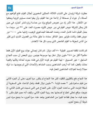 ‫ﺍﻟﺘﺴﻮﻳﻖ ﻟﻠﺠﻤﻴﻊ‬

‫28‬

‫ﺤظرت ﺸرﻜﺔ ارﺘﻴﺴﺎن ﻋﻠﻰ اﻝﺸﺒﺎب اﻝﺜﻼﺜﺔ، اﻝﻤﻤﺜﻠﻴن اﻝﻤﻐﻤورﻴن أﺒطـﺎل اﻝﻔـﻴﻠم، ﻓـﺘﺢ أﻓـواﻫﻬم ﻤـﻊ‬
‫أﺼدﻗﺎء أو ﻏرﺒﺎء أو ﺼـﺤﺎﻓﺔ أو إذاﻋـﺔ ﻋـن ﻫـذا اﻝﻔـﻴﻠم، وأن ﻴﺒﻘـوا ﺘﺤـت ﻤﺴـﺘوى اﻝرؤﻴـﺔ وﻴﺨﺘﻔـوا‬
‫ﻋن اﻷﻨظﺎر. ﻫذا اﻷﻤر اد ﻤـن ﻏﻤـوض اﻝﻤوﻗـﻊ و اد ﻤـن ﺤﻤﺎﺴـﺔ زوا ﻩ ﻝﻨﺸـر أﺨﺒـﺎ ﻩ. ﻓـﻲ ﺤـﻴن‬
‫ر‬
‫ر‬
‫ز‬
‫ز‬
‫ﻜﺎن ﻴﻤﻜن ﻝﻠﺸرﻜﺔ ﻋرض اﻝﻔﻴﻠم ﻓﻲ دور ﻋرض ﻜﺜﻴ ة، ﺤﺼرت اﻝﻌدد ﻋﻠـﻰ ٧٢ دور ﺴـﻴﻨﻤﺎ، ﻤـﺎ‬
‫ر‬
‫ﺠﻌــل اﻝﻔــﻴﻠم داﺌﻤــﺎ ﻜﺎﻤــل اﻝﻌــدد، وﺘﺤــت اﻝﻀــﻐط اﻝﺠﻤـ ي ﻫﻴــب، ادﺘﻬــﺎ ﺤﺘــﻰ ٠٠٠١ دور‬
‫ز‬
‫ـﺎﻫﻴر اﻝر‬
‫ﻋرض ﻓﻘط، وﻜﺎﻨت طواﺒﻴر ﺤﺠز اﻝﺘذاﻜر ﻤﻤﺘدة، ﻤﺎ ﺨﻠـق ﺤﺎﻝـﺔ ﻤـن اﻝﻔﻀـول اﻝﺸـدﻴد ﻝـدى ﻜﺜﻴـر‬
‫ﻤن اﻝﻨﺎس ﻝﻤﻌرﻓﺔ ﻤﺎ اﻝﻔﻴﻠم اﻝﻐﺎﻤض اﻝذي ﻴﺴﺒب ﻜل ﻫذا اﻻﻫﺘﻤﺎم.‬
‫ﻜــم ﻜﺎﻨــت ﺘﻜﻠﻔــﺔ ﺘﺼــوﻴر اﻝﻔــﻴﻠم؟ ٠٥ أﻝــف ﻻر. ﻜــم ﻜــﺎن إﺠﻤــﺎﻝﻲ ﻋواﺌــد ﺒﻴــﻊ اﻝﻔــﻴﻠم اﻷول ﻓﻘــط‬
‫دو‬
‫ﻋﺎﻝﻤﻴﺎ؟ أﻜﺜر ﻤن ٨٤٢ ﻤﻠﻴون ﻻر دﺨل ﺒﻬـﺎ ﻤوﺴـوﻋﺔ ﺠﻴﻨـﻴس. ﻴ ى اﻝـﺒﻌض أن ﺴـﺒب اﻝﻨﺠـﺎح‬
‫ـر‬
‫دو‬
‫اﻝﺴــﺎﺤق – ﻏﻴــر اﻝﻤﺴــﺒوق – ﻝﻬــذا اﻝﻔــﻴﻠم ﻫــو ﻜوﻨــﻪ اﻷول ﻓــﻲ ﻓﺌﺘــﻪ، ﺠــرت أﺤداﺜــﻪ وﻜﺄﻨﻬــﺎ واﻗﻌﻴــﺔ‬
‫ﺤدﺜت ﺒﺎﻝﻔﻌل، ﻜﻤـﺎ أﻨـﻪ ﻋـب اﻝﻤﺸـﺎﻫدﻴن ﺒﺴـﺒب اﻝﻤﺸـﺎﻫد واﻷﺤـداث اﻝﺘـﻲ ﻝـم ﻴﻌرﻀـﻬﺎ، ﻤـﺎ ﺘـرك‬
‫أر‬
‫ﻤﺠﺎﻻ واﺴﻌﺎ ﻝﺨﻴﺎﻻت اﻝﻤﺸﺎﻫدﻴن ﻝﺘﻌﻤل ﻓﻴﻪ.‬
‫ﻫذا اﻝﻨﺠﺎح دﻓﻊ ﺒﺎﻝﻜﺜﻴرﻴن ﻝﻠﺘﻘﻠﻴد، ﻝﻜـن ﻫـذا اﻝﻨﺠـﺎح ﻝـم ﻴﺘﻜـرر ﻤـ ة أﺨ ى، ﺤﺘـﻰ أن اﻝﺠ ء اﻝﺜـﺎﻨﻲ‬
‫ـز‬
‫ر ـر‬
‫ﻤــن ﻓــﻴﻠم ﺴــﺎﺤ ة ﺒﻠﻴــر ٢ ﺤﺼــد ﻗرﺒــﺔ ٠٣ ﻤﻠﻴــون ﻻر ﻓﻘــط، وﻝﻌــل اﻝﺒﺎﻋــث ﻋﻠــﻰ اﻝﺴــﺨرﻴﺔ أن‬
‫دو‬
‫ا‬
‫ر‬
‫ﺸــﺒﻜﺔ اﻨﺘرﻨــت اﻝﺘــﻲ ﺴــﺎﻋدت اﻝﺠـ ء اﻷول ﻋﻠــﻰ اﻝﻨﺠــﺎح ﻫــﻲ اﻝﺘــﻲ ﺘﺴــﺒﺒت ﻓــﻲ ﻓﺸــل اﻝﺜــﺎﻨﻲ، إذ‬
‫ـز‬
‫ﺨرﺠت ﻤواﻗﻊ ﺘﺤﻜﻲ اﻨطﺒـﺎع أﺼـﺤﺎﺒﻬﺎ ﺒﻌـد رؤﻴـﺔ اﻝﺠ ء اﻝﺜـﺎﻨﻲ، وﻜﻴـف أﻨـﻪ ﻤﺠـرد ﻓـﻴﻠم ﻤﻜـرر ﻻ‬
‫ـز‬
‫ﺠدﻴــد ﻓﻴــﻪ، ﻤــﺎ ﺠﻌــل ﻗطﺎﻋ ـﺎ ﻜﺒﻴــر ﻤــن اﻝﻤﺸــﺎﻫدﻴن ﻴﺒﺘﻌــد ﻋﻨــﻪ. ﻤ ـ ة أﺨـ ى، ﻤــﺎ ﻴــﻨﺠﺢ ﻤ ـ ة، ﻝــﻴس‬
‫ر‬
‫ر ـر‬
‫ا‬
‫ﺸرطﺎ أن ﻴﻨﺠﺢ ى.‬
‫أﺨر‬

 