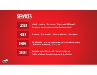 Services
Design
Identity systems - Brochures - Direct mail - Billboards
Content creation - Copy writing - Environmental
Media
online
offline
Graphics - Photography - Video production - Animation
Social Media - Community engagement - Email marketing
- B2B & B2C marketing - SEO - SEM
Special events - Direct mail - Transit marketing
Public relations - Campaign design & production
BRANDING
 