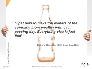 “I get paid to make the owners of the
company more wealthy with each
passing day. Everything else is just
fluff.”
Roberto Goizueta, CEO, Coca Cola Corp
22 May 2014 13EDGE Marketing Best Practice Forum - Marketing Accountability
Image©CocaColaCorporation
 