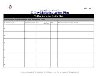 Page 1 of 6
                                                                   Technology Marketing Toolkit, Inc.
                                             90-Day Marketing Action Plan
                                                       90-Day Marketing Action Plan
Evaluate The Marketing Campaigns From The Previous Quarter
                                                                           Number of
#   Marketing Campaign           List or Segment Targeted   Cost                           ROI   What Changes or Improvements Before Repeating?
                                                                           Clients/Sales




1




2




3




4




5




6




                         STRIVE FOR EXCELLENCE * BE DISCIPLINED * STAY FOCUSED * HAVE FUN * BE COMMITTED * NEVER, EVER QUIT
 