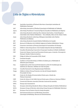 Lista de Siglas e Abreviaturas


Aana    Australian Association of National Advertisers (Associação Australiana de
        Publicitários Nacionais)
AAT     Advertising Association of Thailand (Associação de Publicidade da Tailândia)
Apcon   Advertising Practitioners’ Council of Nigeria (Conselho de Publicitários da Nigéria)
ASA     Advertising Standards Authority (New Zealand, South Africa, United Kingdom)
        (Autoridade sobre Padrões Publicitários – Nova Zelândia, África do Sul e Reino Unido)
Asam    Advertising Standards Authority of Malaysia (Autoridade sobre Padrões
        Publicitários da Malásia)
ASC     Advertising Standards Canada (Padrões Publicitários do Canadá)
BVP     Bureau de Vériﬁcation de la Publicité (Agência de Padrões Publicitários). França
CAP     Consumers Association of Penang (Associação de Consumidores de Penang)
Caru    Children’s Advertising Review Unit (Unidade Infantil de Revisão Publicitária)
CBC     Canadian Broadcasting Corporation (Corporação Canadense de Radio-teledifusão)
CDC     Centers for Disease Control and Prevention (Centros para o Controle e Prevenção de
        Doenças). Estados Unidos da América
CDC     Código de Defesa do Consumidor (CDC). Brasil
CE      Comissão Européia
CFAC    Coalition on Food Advertising to Children (Coalisão para a Publicidade de
        Alimentos para Crianças)
Ciaa    Confederation of the Food and Drink Industries of the EU (Confederação das
        Indústrias de Alimentos e Bebidas da União Européia)
Conar   Conselho Nacional de Auto Regulamentação Publicitária
Coppa   Children’s Online Privacy Protection Act (Ato de Proteção Infantil à
        Privacidade On-line)
CSC     Center for the Study of Commercialism (Centro para o Estudo das
        Práticas Comerciais)
CSPI    Center for Science in the Public Interest (Centro para a Ciência no Interesse Público)
CTVA    Commercial Television Australia (Televisão Comercial da Austrália)
DNTs    Doenças não transmissíveis
Easa    European Advertising Standards Alliance (Aliança Européia de Padrões Publicitários)
EGTA    European Group of Television Advertising (Grupo Europeu de Publicidade Televisiva)
ECJ     European Court of Justice (Corte de Justiça Européia)
Erma    Entertainment Resources and Marketing Association
        (Associação de Marketing e Recursos de Entretenimento)
 