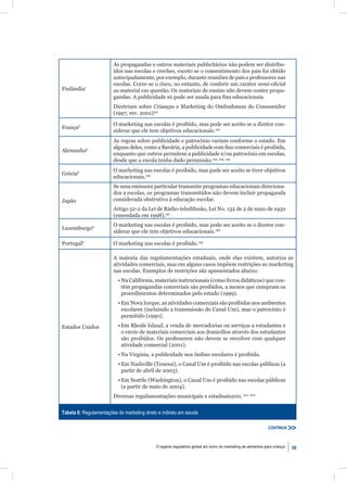 As propagandas e outros materiais publicitários não podem ser distribu-
                        ídos nas escolas e creches, exceto se o consentimento dos pais foi obtido
                        antecipadamente, por exemplo, durante reuniões de pais e professores nas
                        escolas. Corre-se o risco, no entanto, de conferir um caráter semi-oﬁcial
Finlândiac              ao material em questão. Os materiais de ensino não devem conter propa-
                        gandas. A publicidade só pode ser usada para ﬁns educacionais.
                        Diretrizes sobre Crianças e Marketing do Ombudsman do Consumidor
                        (1997, rev. 2001)191

                        O marketing nas escolas é proibido, mas pode ser aceito se o diretor con-
Françab
                        siderar que ele tem objetivos educacionais.192
                        As regras sobre publicidade e patrocínio variam conforme o estado. Em
                        alguns deles, como a Bavária, a publicidade com ﬁns comerciais é proibida,
Alemanhab
                        enquanto que outros permitem a publicidade e/ou patrocínio em escolas,
                        desde que a escola tenha dado permissão.193, 194, 195
                        O marketing nas escolas é proibido, mas pode ser aceito se tiver objetivos
Gréciab
                        educacionais.196
                        Se uma emissora particular transmite programas educacionais direciona-
                        dos a escolas, os programas transmitidos não devem incluir propaganda
Japão                   considerada obstrutiva à educação escolar.
                        Artigo 52-2 da Lei de Rádio-teledifusão, Lei No. 132 de 2 de maio de 1950
                        (emendada em 1998).197
                        O marketing nas escolas é proibido, mas pode ser aceito se o diretor con-
Luxemburgob
                        siderar que ele tem objetivos educacionais.198

Portugalb               O marketing nas escolas é proibido.199

                        A maioria das regulamentações estaduais, onde elas existem, autoriza as
                        atividades comerciais, mas em alguns casos impõem restrições ao marketing
                        nas escolas. Exemplos de restrições são apresentados abaixo:
                           • Na Califórnia, materiais instrucionais (como livros didáticos) que con-
                             têm propagandas comerciais são proibidos, a menos que cumpram os
                             procedimentos determinados pelo estado (1999).
                           • Em Nova Iorque, as atividades comerciais são proibidas nos ambientes
                             escolares (incluindo a transmissão do Canal Um), mas o patrocínio é
                             permitido (1990).

Estados Unidos             • Em Rhode Island, a venda de mercadorias ou serviços a estudantes e
                             o envio de materiais comerciais aos domicílios através dos estudantes
                             são proibidos. Os professores não devem se envolver com qualquer
                             atividade comercial (2001).
                           • Na Virginia, a publicidade nos ônibus escolares é proibida.
                           • Em Nashville (Tenessi), o Canal Um é proibido nas escolas públicas (a
                             partir de abril de 2003).
                           • Em Seattle (Washington), o Canal Um é proibido nas escolas públicas
                             (a partir de maio de 2004).
                        Diversas regulamentações municipais e estaduais200, 201, 202


Tabela 6: Regulamentações do marketing direto e indireto em escola

                                                                                                              CONTINUA



                                             O regime regulatório global em torno do marketing de alimentos para criança   59
 
