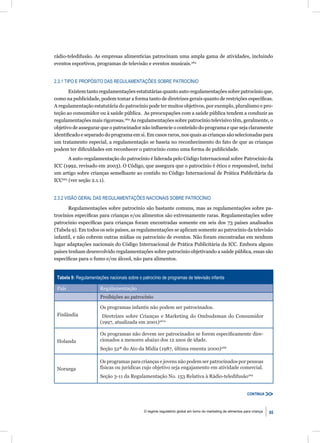 rádio-teledifusão. As empresas alimentícias patrocinam uma ampla gama de atividades, incluindo
eventos esportivos, programas de televisão e eventos musicais.263


2.3.1 TIPO E PROPÓSITO DAS REGULAMENTAÇÕES SOBRE PATROCÍNIO

       Existem tanto regulamentações estatutárias quanto auto-regulamentações sobre patrocínio que,
como na publicidade, podem tomar a forma tanto de diretrizes gerais quanto de restrições especíﬁcas.
A regulamentação estatutária do patrocínio pode ter muitos objetivos, por exemplo, pluralismo e pro-
teção ao consumidor ou à saúde pública. As preocupações com a saúde pública tendem a conduzir as
regulamentações mais rigorosas.264 As regulamentações sobre patrocínio televisivo têm, geralmente, o
objetivo de assegurar que o patrocinador não inﬂuencie o conteúdo do programa e que seja claramente
identiﬁcado e separado do programa em si. Em casos raros, nos quais as crianças são selecionadas para
um tratamento especial, a regulamentação se baseia no reconhecimento do fato de que as crianças
podem ter diﬁculdades em reconhecer o patrocínio como uma forma de publicidade.
       A auto-regulamentação do patrocínio é liderada pelo Código Internacional sobre Patrocínio da
ICC (1992, revisado em 2003). O Código, que assegura que o patrocínio é ético e responsável, inclui
um artigo sobre crianças semelhante ao contido no Código Internacional de Prática Publicitária da
ICC263 (ver seção 2.1.1).


2.3.2 VISÃO GERAL DAS REGULAMENTAÇÕES NACIONAIS SOBRE PATROCÍNIO

       Regulamentações sobre patrocínio são bastante comuns, mas as regulamentações sobre pa-
trocínios especíﬁcas para crianças e/ou alimentos são extremamente raras. Regulamentações sobre
patrocínio especíﬁcas para crianças foram encontradas somente em seis dos 73 países analisados
(Tabela 9). Em todos os seis países, as regulamentações se aplicam somente ao patrocínio da televisão
infantil, e não cobrem outras mídias ou patrocínio de eventos. Não foram encontradas em nenhum
lugar adaptações nacionais do Código Internacional de Prática Publicitária da ICC. Embora alguns
países tenham desenvolvido regulamentações sobre patrocínio objetivando a saúde pública, essas são
especíﬁcas para o fumo e/ou álcool, não para alimentos.


 Tabela 9: Regulamentações nacionais sobre o patrocínio de programas de televisão infantis

 País                  Regulamentação
                       Proibições ao patrocínio

                       Os programas infantis não podem ser patrocinados.
 Finlândia              Diretrizes sobre Crianças e Marketing do Ombudsman do Consumidor
                       (1997, atualizada em 2001)267a

                       Os programas não devem ser patrocinados se forem especiﬁcamente dire-
 Holanda               cionados a menores abaixo dos 12 anos de idade.
                       Seção 52ª do Ato da Mídia (1987, última ementa 2000)268

                       Os programas para crianças e jovens não podem ser patrocinados por pessoas
 Noruega               físicas ou jurídicas cujo objetivo seja engajamento em atividade comercial.
                       Seção 3-11 da Regulamentação No. 153 Relativa à Rádio-teledifusão269


                                                                                                                CONTINUA



                                               O regime regulatório global em torno do marketing de alimentos para criança   65
 
