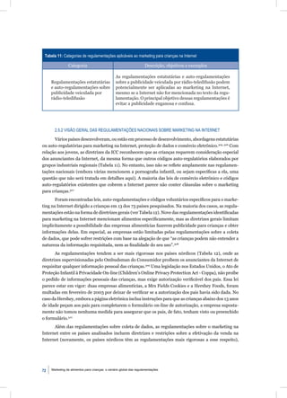 Tabela 11: Categorias de regulamentações aplicáveis ao marketing para crianças na Internet

                Categoria                                            Descrição, objetivos e exemplos

                                                 As regulamentações estatutárias e auto-regulamentações
     Regulamentações estatutárias                sobre a publicidade veiculada por rádio-teledifusão podem
     e auto-regulamentações sobre                potencialmente ser aplicadas ao marketing na Internet,
     publicidade veiculada por                   mesmo se a Internet não for mencionada no texto da regu-
     rádio-teledifusão                           lamentação. O principal objetivo dessas regulamentações é
                                                 evitar a publicidade enganosa e confusa.




       2.5.2 VISÃO GERAL DAS REGULAMENTAÇÕES NACIONAIS SOBRE MARKETING NA INTERNET

      Vários países desenvolveram, ou estão em processo de desenvolvimento, abordagens estatutárias
ou auto-regulatórias para marketing na Internet, proteção de dados e comércio eletrônico.305, 306 Com
relação aos jovens, as diretrizes da ICC reconhecem que as crianças requerem consideração especial
dos anunciantes da Internet, da mesma forma que outros códigos auto-regulatórios elaborados por
grupos industriais regionais (Tabela 11). No entanto, isso não se reﬂete amplamente nas regulamen-
tações nacionais (embora várias mencionem a pornograﬁa infantil, ou sejam especíﬁcas a ela, uma
questão que não será tratada em detalhes aqui). A maioria das leis de comércio eletrônico e códigos
auto-regulatórios existentes que cobrem a Internet parece não conter cláusulas sobre o marketing
para crianças.307
       Foram encontradas leis, auto-regulamentações e códigos voluntários especíﬁcos para o marke-
ting na Internet dirigido a crianças em 13 dos 73 países pesquisados. Na maioria dos casos, as regula-
mentações estão na forma de diretrizes gerais (ver Tabela 12). Nove das regulamentações identiﬁcadas
para marketing na Internet mencionam alimentos especiﬁcamente, mas as diretrizes gerais limitam
implicitamente a possibilidade das empresas alimentícias fazerem publicidade para crianças e obter
informações delas. Em especial, as empresas estão limitadas pelas regulamentações sobre a coleta
de dados, que pode sofrer restrições com base na alegação de que “as crianças podem não entender a
natureza da informação requisitada, nem as ﬁnalidade do seu uso”.308
       As regulamentações tendem a ser mais rigorosas nos países nórdicos (Tabela 12), onde as
diretrizes supervisionadas pelo Ombudsman do Consumidor proíbem os anunciantes da Internet de
requisitar qualquer informação pessoal das crianças.309 Uma legislação nos Estados Unidos, o Ato de
Proteção Infantil à Privacidade On-line (Children’s Online Privacy Protection Act - Coppa), não proíbe
o pedido de informações pessoais das crianças, mas exige autorização veriﬁcável dos pais. Essa lei
parece estar em vigor: duas empresas alimentícias, a Mrs Fields Cookies e a Hershey Foods, foram
multadas em fevereiro de 2003 por deixar de veriﬁcar se a autorização dos pais havia sido dada. No
caso da Hershey, embora a página eletrônica inclua instruções para que as crianças abaixo dos 13 anos
de idade peçam aos pais para completarem o formulário on-line de autorização, a empresa suposta-
mente não tomou nenhuma medida para assegurar que os pais, de fato, tenham visto ou preenchido
o formulário.310
      Além das regulamentações sobre coleta de dados, as regulamentações sobre o marketing na
Internet entre os países analisados incluem diretrizes e restrições sobre a efetivação da venda na
Internet (novamente, os países nórdicos têm as regulamentações mais rigorosas a esse respeito),




72   Marketing de alimentos para crianças: o cenário global das regulamentações
 