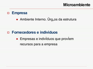 Microambiente  Empresa Ambiente Interno. órgãos da estrutura  Fornecedores e indivíduos Empresas e indivíduos que provêem recursos para a empresa 