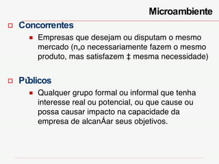 Concorrentes Empresas que desejam ou disputam o mesmo mercado (não necessariamente fazem o mesmo produto, mas satisfazem à mesma necessidade) Públicos Qualquer grupo formal ou informal que tenha interesse real ou potencial, ou que cause ou possa causar impacto na capacidade da empresa de alcançar seus objetivos.  Microambiente  