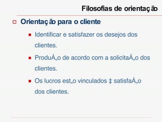 Filosofias de orientação  Orientação para o cliente Identificar e satisfazer os desejos dos clientes. Produção de acordo com a solicitação dos clientes. Os lucros estão vinculados à satisfação dos clientes. 