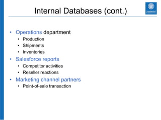 Internal Databases (cont.)
• Operations department
• Production
• Shipments
• Inventories
• Salesforce reports
• Competitor activities
• Reseller reactions
• Marketing channel partners
• Point-of-sale transaction
 