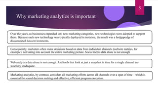 Why marketing analytics is important
3
Over the years, as businesses expanded into new marketing categories, new technologies were adopted to support
them. Because each new technology was typically deployed in isolation, the result was a hodgepodge of
disconnected data environments.
Consequently, marketers often make decisions based on data from individual channels (website metrics, for
example), not taking into account the entire marketing picture. Social media data alone is not enough
Web analytics data alone is not enough.And tools that look at just a snapshot in time for a single channel are
woefully inadequate.
Marketing analytics, by contrast, considers all marketing efforts across all channels over a span of time – which is
essential for sound decision making and effective, efficient program execution.
 