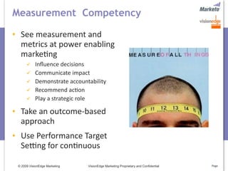 Measurement Competency

 See measurement and 
 metrics at power enabling 
 marke5ng
         Inﬂuence decisions
         Communicate impact
         Demonstrate accountability
         Recommend ac5on
         Play a strategic role

 Take an outcome‐based 
 approach
 Use Performance Target 
 Seqng for con5nuous 

© 2009 VisionEdge Marketing   VisionEdge Marketing Proprietary and Confidential   Page
 