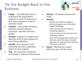Tie the Budget Back to the
Business
1.      Engage  ‐  the leadership team to              6.      Allocate  ‐ the dollars based on the 
        understand the organiza5on’s                           model
        emphasis in terms of resources on              7.      Monitor 
        ﬁnd, keep and grow to create an                              Monitor how well the programs 
        alloca5on model                                              performed against your commifed 
2.      Establish  ‐ measurable marke5ng                             targets and budget
        objec5ves around customer                                    Track and measure the impact of 
        acquisi5on, reten5on and value                               marke5ng programs 
        growth.                                                      Track and measure the execu5on of a 
                                                                     marke5ng program.
3.      Develop ‐ programs to support each 
                                                                     Track  all the people both internal and 
        objec5ve and link every program to                           external, and all the steps, including 
        one of these objec5ves.                                      approvals, to understand the total cost 
4.      Iden>fy ‐ every element in the                               of program execu5on
        marke5ng mix and its associated                8.      Report ‐ eﬀec5veness, impact, 
        dollars for each program.                              eﬃciency, value  for the money
5.      Tally ‐ the investment needed for 
        each program, objec5ve and outcome

     © 2009 VisionEdge Marketing   VisionEdge Marketing Proprietary and Confidential                     Page
 