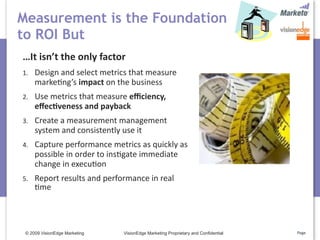 Measurement is the Foundation
to ROI But
…It isn’t the only factor
1.   Design and select metrics that measure 
     marke5ng’s impact on the business
2.   Use metrics that measure eﬃciency, 
     eﬀec>veness and payback 
3.   Create a measurement management 
     system and consistently use it
4.   Capture performance metrics as quickly as 
     possible in order to ins5gate immediate 
     change in execu5on 
5.   Report results and performance in real 
     5me




 © 2009 VisionEdge Marketing   VisionEdge Marketing Proprietary and Confidential   Page
 