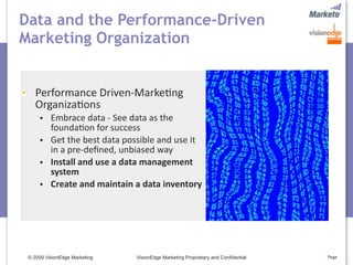 Data and the Performance-Driven
Marketing Organization


    Performance Driven‐Marke5ng 
    Organiza5ons
         Embrace data ‐ See data as the 
          founda5on for success
         Get the best data possible and use it 
          in a pre‐deﬁned, unbiased way
         Install and use a data management 
          system
         Create and maintain a data inventory




 © 2009 VisionEdge Marketing   VisionEdge Marketing Proprietary and Confidential   Page
 