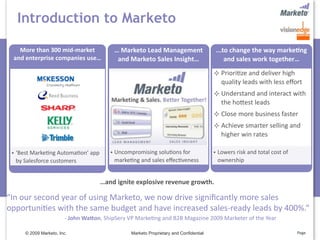 Introduction to Marketo

    More than 300 mid‐market                 … Marketo Lead Management                      ...to change the way marke>ng 
  and enterprise companies use…               and Marketo Sales Insight…                        and sales work together…

                                                                                            Priori5ze and deliver high 
                                                                                             quality leads with less eﬀort
                                                                                            Understand and interact with 
                                                                                             the hofest leads
                                                                                            Close more business faster
                                                                                            Achieve smarter selling and 
                                                                                             higher win rates

  • ‘Best Marke5ng Automa5on’ app          • Uncompromising solu5ons for                   • Lowers risk and total cost of 
    by Salesforce customers                  marke5ng and sales eﬀec5veness                  ownership


                                       …and ignite explosive revenue growth.

“In our second year of using Marketo, we now drive signiﬁcantly more sales 
opportuni5es with the same budget and have increased sales‐ready leads by 400%.“
                                    ‐ John WaEon, ShipServ VP Marke5ng and B2B Magazine 2009 Marketer of the Year

       © 2009 Marketo, Inc.                         Marketo Proprietary and Confidential                                      Page
 