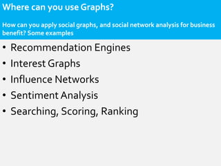 Where can you use Graphs?
How can you apply social graphs, and social network analysis for business
benefit? Some examples

•   Recommendation Engines
•   Interest Graphs
•   Influence Networks
•   Sentiment Analysis
•   Searching, Scoring, Ranking
 