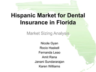 Market Sizing Analysis
Nicole Gyan
Rocio Haskell
Fernanda Leao
Amit Rana
Janani Sundararajan
Karen Williams
Hispanic Market for Dental
Insurance in Florida
 