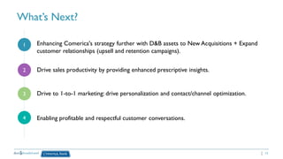 13
What’s Next?
1
2
4
Enhancing Comerica's strategy further with D&B assets to New Acquisitions + Expand
customer relationships (upsell and retention campaigns).
Enabling profitable and respectful customer conversations.
3
Drive sales productivity by providing enhanced prescriptive insights.
Drive to 1-to-1 marketing: drive personalization and contact/channel optimization.
 