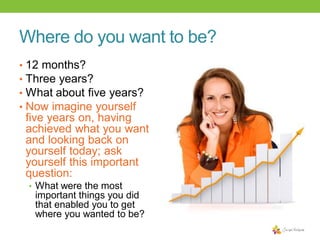 Where do you want to be?
•
•
•
•

12 months?
Three years?
What about five years?
Now imagine yourself
five years on, having
achieved what you want
and looking back on
yourself today; ask
yourself this important
question:
• What were the most

important things you did
that enabled you to get
where you wanted to be?

 