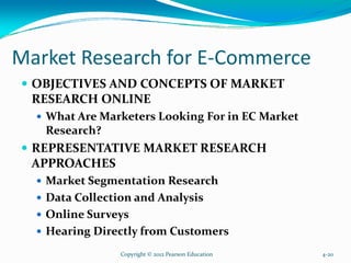 Market Research for E-Commerce
OBJECTIVES AND CONCEPTS OF MARKET
RESEARCH ONLINE
What Are Marketers Looking For in EC Market
Research?
REPRESENTATIVE MARKET RESEARCH
APPROACHES
Market Segmentation Research
Data Collection and Analysis
Online Surveys
Hearing Directly from Customers
Copyright © 2012 Pearson Education 4-20
 