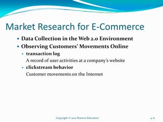 Market Research for E-Commerce
Data Collection in the Web 2.0 Environment
Observing Customers’ Movements Online
transaction log
A record of user activities at a company’s website
clickstream behavior
Customer movements on the Internet
Copyright © 2012 Pearson Education 4-21
 