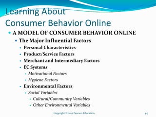 Learning About
Consumer Behavior Online
A MODEL OF CONSUMER BEHAVIOR ONLINE
The Major Influential Factors
Personal Characteristics
Product/Service Factors
Merchant and Intermediary Factors
EC Systems
Motivational Factors
Hygiene Factors
Environmental Factors
Social Variables
Cultural/Community Variables
Other Environmental Variables
Copyright © 2012 Pearson Education 4-3
 