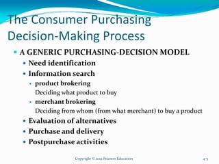 The Consumer Purchasing
Decision-Making Process
A GENERIC PURCHASING-DECISION MODEL
Need identification
Information search
product brokering
Deciding what product to buy
merchant brokering
Deciding from whom (from what merchant) to buy a product
Evaluation of alternatives
Purchase and delivery
Postpurchase activities
Copyright © 2012 Pearson Education 4-5
 