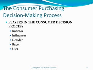 The Consumer Purchasing
Decision-Making Process
PLAYERS IN THE CONSUMER DECISION
PROCESS
Initiator
Influencer
Decider
Buyer
User
Copyright © 2012 Pearson Education 4-7
 