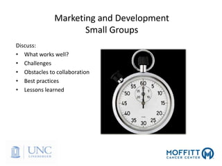Marketing and Development
Small Groups
Discuss:
• What works well?
• Challenges
• Obstacles to collaboration
• Best practices
• Lessons learned
 
