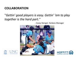 COLLABORATION
"Gettin' good players is easy. Gettin' 'em to play
together is the hard part."
- Casey Stengel, Yankees Manager
 