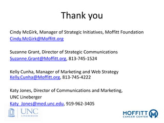 Thank you
Cindy McGirk, Manager of Strategic Initiatives, Moffitt Foundation
Cindy.McGirk@Moffitt.org
Suzanne Grant, Director of Strategic Communications
Suzanne.Grant@Moffitt.org, 813-745-1524
Kelly Cunha, Manager of Marketing and Web Strategy
Kelly.Cunha@Moffitt.org, 813-745-4222
Katy Jones, Director of Communications and Marketing,
UNC Lineberger
Katy_Jones@med.unc.edu, 919-962-3405
 