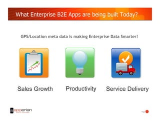 What Enterprise B2E Apps are being built Today?


 GPS/Location meta data is making Enterprise Data Smarter!




Sales Growth          Productivity        Service Delivery


                                                             Page!
 