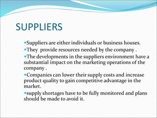 SUPPLIERS
Suppliers are either individuals or business houses.
They provide resources needed by the company .
The developments in the suppliers environment have a
substantial impact on the marketing operations of the
company .
Companies can lower their supply costs and increase
product quality to gain competitive advantage in the
market.
supply shortages have to be fully monitored and plans
should be made to avoid it.
 