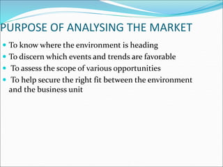 PURPOSE OF ANALYSING THE MARKET
 To know where the environment is heading
 To discern which events and trends are favorable
 To assess the scope of various opportunities
 To help secure the right fit between the environment
and the business unit
 