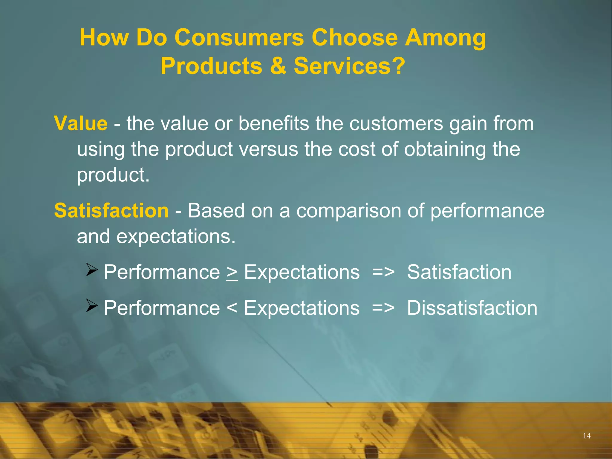 14
How Do Consumers Choose Among
Products & Services?
Value - the value or benefits the customers gain from
using the product versus the cost of obtaining the
product.
Satisfaction - Based on a comparison of performance
and expectations.
 Performance > Expectations => Satisfaction
 Performance < Expectations => Dissatisfaction
 