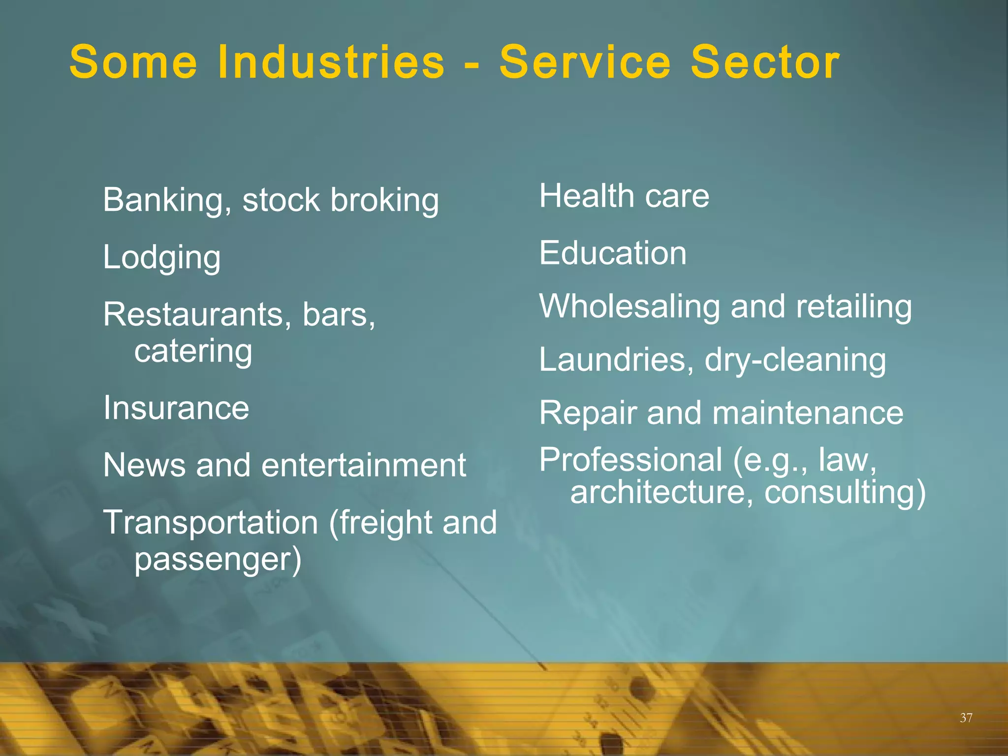 37
Some Industries - Service Sector
Banking, stock broking
Lodging
Restaurants, bars,
catering
Insurance
News and entertainment
Transportation (freight and
passenger)
Health care
Education
Wholesaling and retailing
Laundries, dry-cleaning
Repair and maintenance
Professional (e.g., law,
architecture, consulting)
 