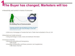 1The Buyer has changed; Marketers will too
Interactivity and control in hands of consumer




      Volvo ran a homepage on Youtube that had a Twitter feed embedded in the ad. Unit

Networked and mobile consumer
     Using technology to create, share and distribute information

Conscious consumer
     Demands authenticity and transparency
            BP oil spill
     Ecopolitan houses/office and Green products ( car & appliances)
            SBI Green Channel
 